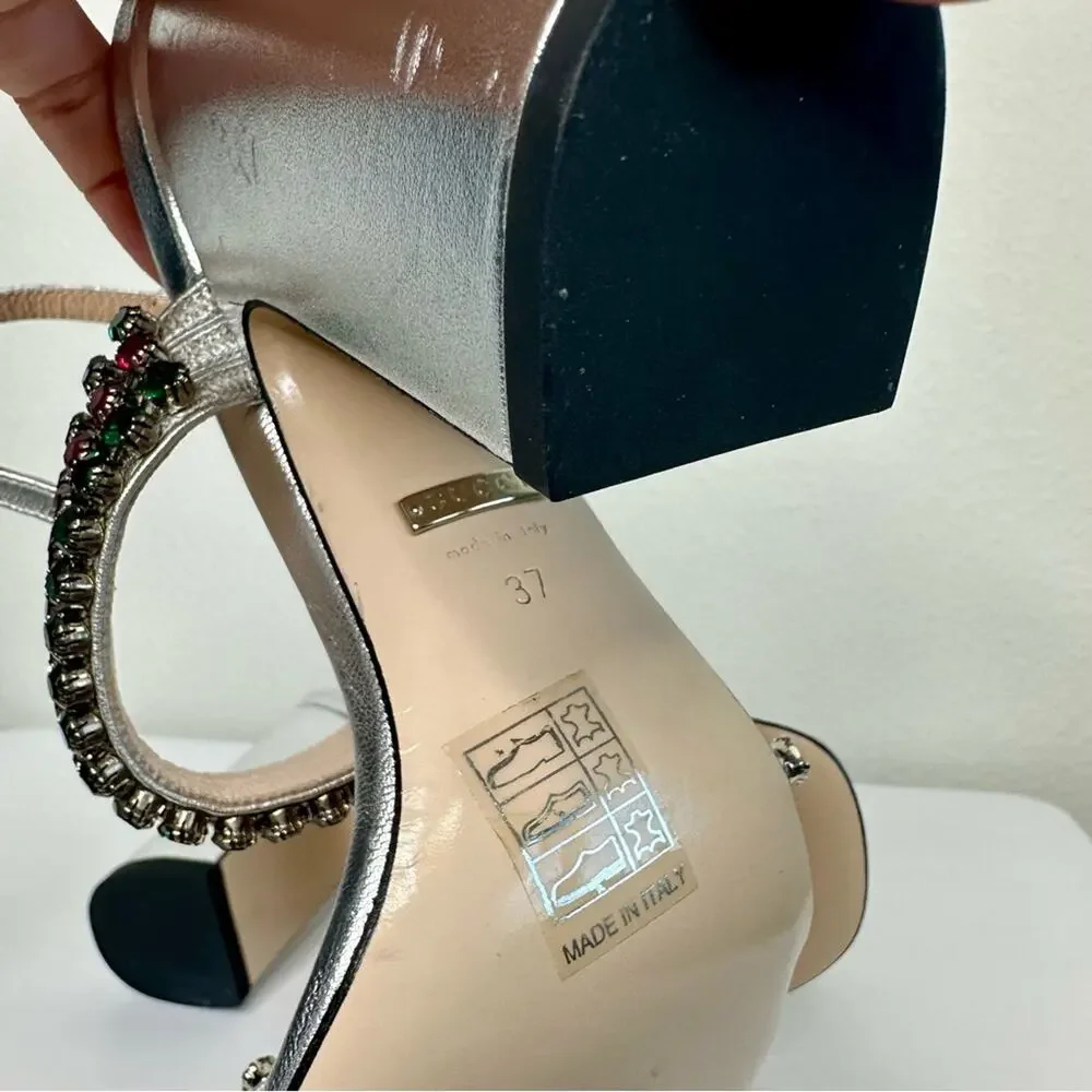 NEW GUCCI Bertie Nappa Leather Crystal Strappy Sandals Size 37 Silver - Picture 10 of 11